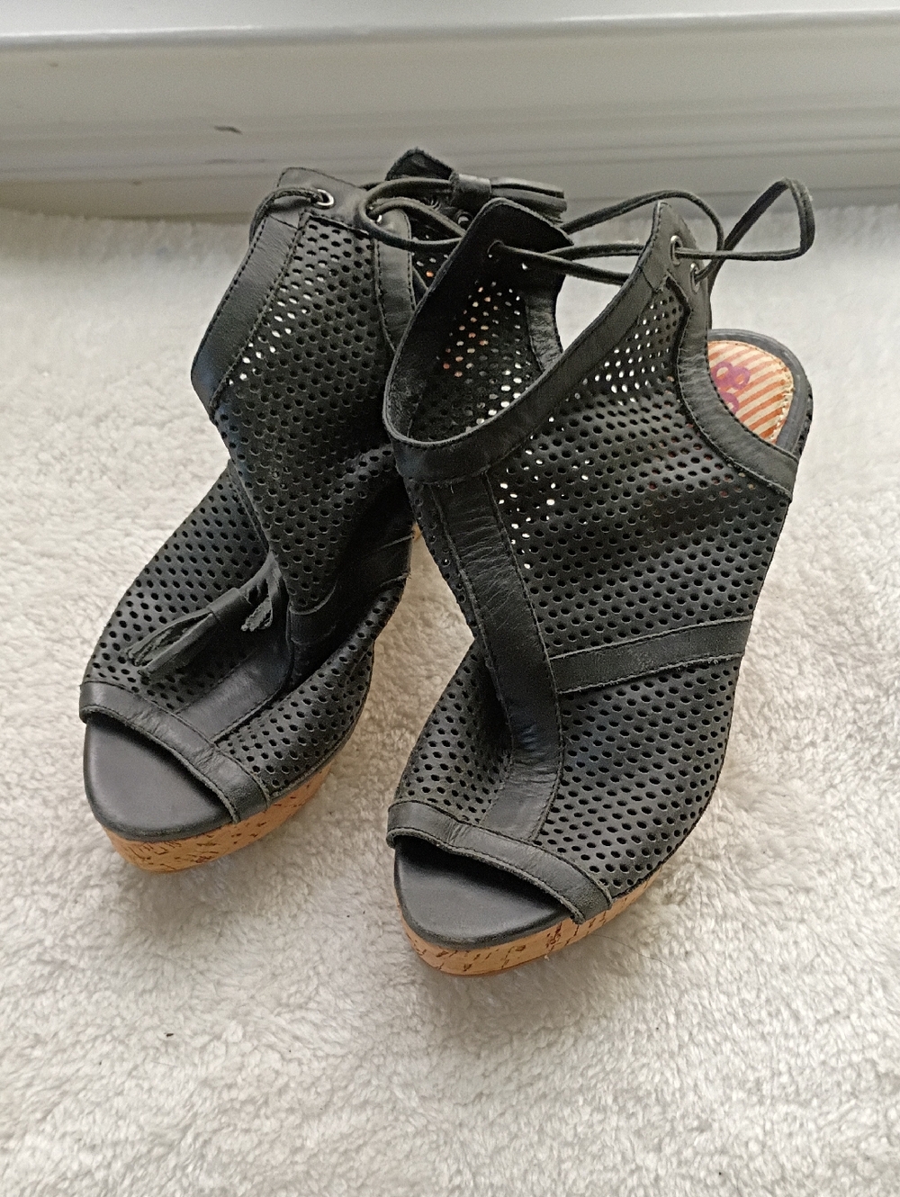 Womens Black Perforated Leather Cork Wedge Sandals